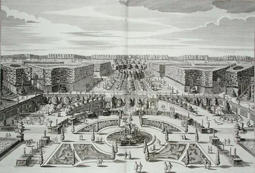 La Gran Cascada del Palacio y Jardines del Placer Princely, Berlín, grabado por Karl Remshard, publicado c.1711-16