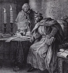 Alfredo el Grande, Rey de Wessex, y sus relojes de vela (litografía)