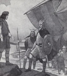 Hermanos Hengist y Horsa llegando a Ebbsfleet, Isla de Thanet, Kent, durante la invasión de los anglos, sajones y jutos en el siglo V (litografía)