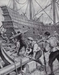 Construcción del galeón inglés Ark Royal, el buque insignia en la lucha contra la Armada Española en 1588