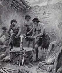 Hombres trabajando en una fundición durante la Edad del Bronce (litografía)