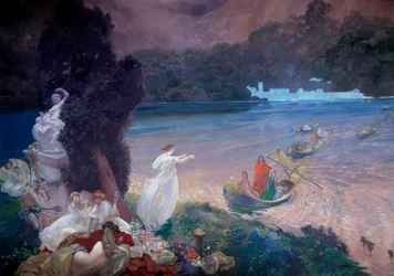 Isla feliz: escena de fábula que representa a los barcos uniéndose a los invitados en un banquete sobre la hierba. Detalle de una pintura sobre papel pintado de Paul Albert Besnard (1849-1934). 1900. París, Artes Decorativas