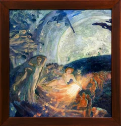 La Verdad arrastrando las Ciencias para iluminar a la Humanidad (La Verdad entrenando a las Ciencias la sigue, arrepentida de su luz sobre los hombres). Pintura de Albert Besnard (1849-1934) - Verdad seguida por las Ciencias y trayendo luz a la humanidad -