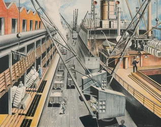 Descarga de algodón en un muelle de Manchester (litografía en color)