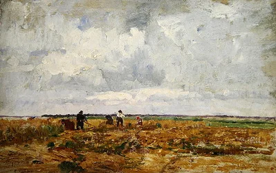 Un paisaje de Dachau con campesinos y mujeres trabajando la tierra