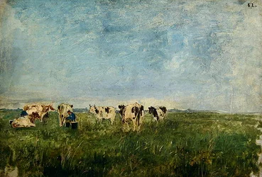 Vacas en un prado siendo ordeñadas