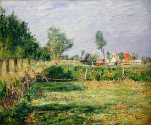 Holanda, paisaje con casas de campo detrás de jardines