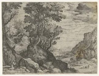 Paisaje de montaña con ermitaño rezando