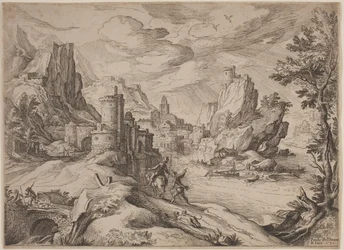 Paisaje fluvial con viajeros