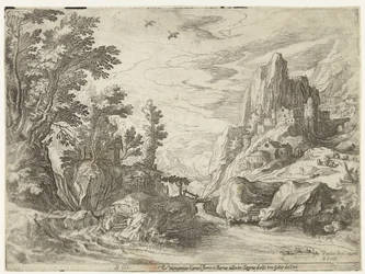 Paisaje fluvial en Campania con una ciudad sobre rocas