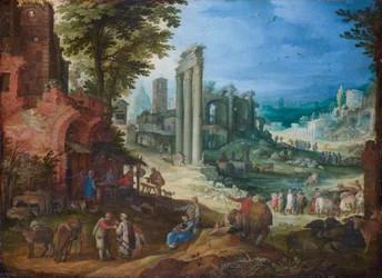 Vista del Foro Romano con las Columnas de los Templos de Cástor y Pólux y la Basílica de Adriano