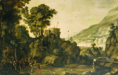 Un paisaje fluvial montañoso con una escena de la vida de Guillermo Tell