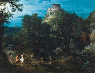Paisaje densamente arbolado con el templo de Vesta en Tívoli y un sátiro y ninfas bailando en un valle (óleo sobre cobre)