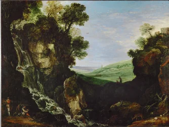 Paisaje con cascada y templo de Vesta en Tívoli
