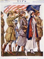 Mujeres americanas (soldados, granjeras, enfermeras) ondeando con la bandera, por Stahr (1883-1953) - vaca. "Life" del 06/02/1919.
