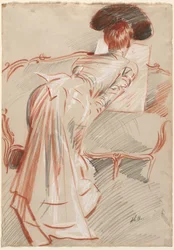 Mujer (posiblemente Madame Alice Hellu) mirando un dibujo