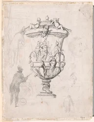 Estudios de figuras en torno a un grabado de un jarrón ornamental