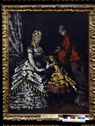Interior con dos mujeres y un niño. Pintura de Paul Cezanne (1839-1906), hacia 1861. Óleo sobre lienzo. Sol: 91x72cm. Impresionismo (Post-Impresionismo). Museo Pushkin, Moscú.