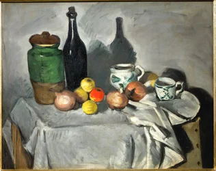 Naturaleza muerta: Macetas, botella, taza y fruta (óleo sobre lienzo)