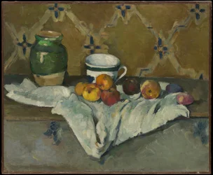 Bodegón con jarra, taza y manzanas