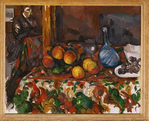 Bodegón con melocotones, jarra y figura (óleo sobre lienzo)