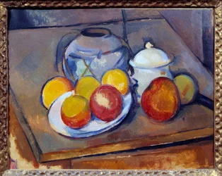 Jarra de paja, azucarero y manzanas