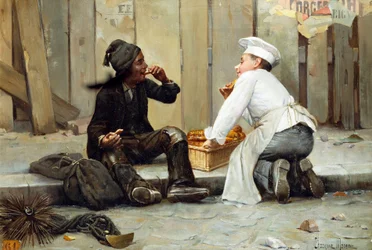 "El pequeño panadero y el pequeño deshollinador" Los dos niños disfrutan de unos pasteles en la acera. El deshollinador está cubierto de hollín, mientras que el panadero viste de blanco inmaculado. Pintura de Paul Chocarne Moreau (1855)