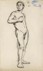 Estudio académico de un desnudo masculino con la mano derecha apretada sobre el pecho, 1865