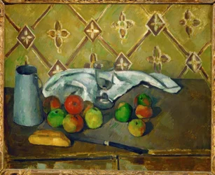 Naturaleza muerta (Frutas, servilleta y caja de leche)