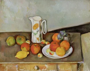 Naturaleza muerta: jarra de leche y frutas sobre una mesa