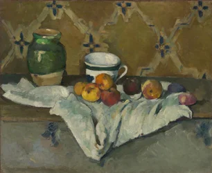 Bodegón con jarra, taza y manzanas, hacia 1877