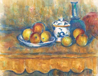Naturaleza muerta con botella azul, azucarero y manzanas, 1900-1902