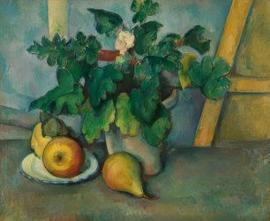 Maceta con prímulas y frutas. 1888-90