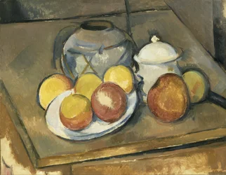 Jarrón, azucarero y manzanas