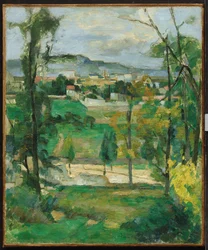 Pueblo detrás de árboles, Île-de-France, c.1879
