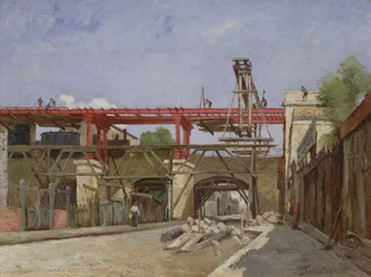 Trabajadores levantando las vías del ferrocarril del anillo en el puente de la Rue de la Voute, París, 1888