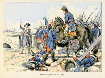 Hoche en el puente de la Dyle: En marzo de 1793, cubriendo la retirada en el paso de la Dyle frente a Lovaina (Bélgica), Lazare Hoche (1768-1797) luchó contra los austriacos - ilustración de Emile Boutigny (1853-1929) en “Hoche-Marceau-Desaix” de Theodore 