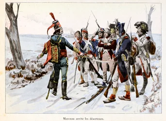 Marceau detiene a los desertores: François-Séverin Marceau detiene a los soldados del ejército republicano en la Vendée - Ilustración de Emile Boutigny en “Hoche-Marceau-Desaix” de Théodore Cahu