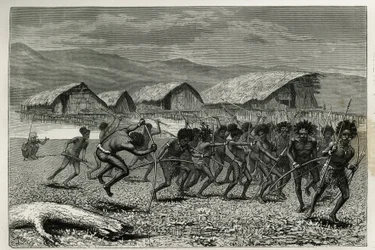Descenso de los guerreros Papus Arfaks en Dorey (Nueva Guinea Occidental), ilustración del viaje a Nueva Guinea por Achille Raffray, encargado de una misión científica por el Ministerio de Educación Pública, en 1876-1877, publicado en Le tour du monde