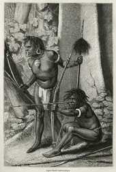 Retratos de dos papúes Karons, antropófagos, grabado por E.Mesples, para ilustrar el viaje a Nueva Guinea por Achille Raffray, encargado de una misión científica por el Ministerio de Educación Pública, en 1876-1877, publicado en Le tour du monde