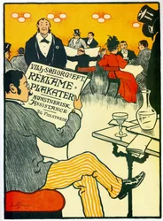 Cartel publicitario para una imprenta que representa una escena de bar