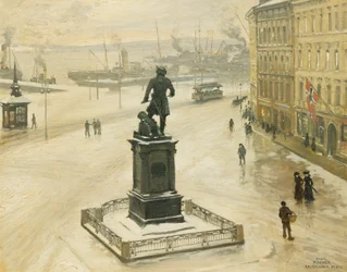 La estatua de Tordenskiold frente a Piperviken, puerto de Oslo, 1906