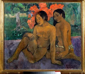 Y el oro de sus cuerpos. Dos tahitianas posando desnudas. Pintura de Paul Gauguin (1848-1903), 1901. Sol. 0,67 x 0,76 m. París, museo de Orsay