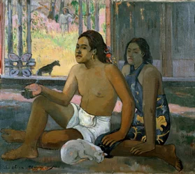 Eiaha Ohipa (No trabajar. Tahitianos en una habitación). Hombre y mujer de Tahití posando dentro de una casa. A sus pies un gato blanco duerme