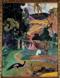 Matamoe o Paisaje con pavos reales. Vista de un paisaje de Tahití. Pintura de Paul Gauguin (1848-1903)
