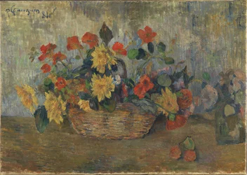 Capuchinas y dalias en una cesta