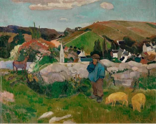 Campesinos, cerdos y un pueblo bajo un cielo despejado (óleo sobre lienzo)