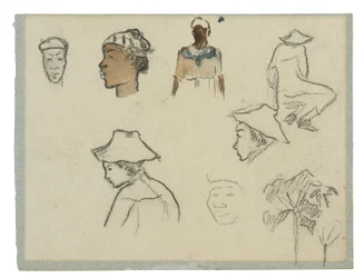 Bocetos de figuras y follaje (recto); Perfil de Charles Laval con palmera y otros bocetos (verso)
