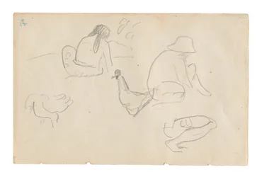 Bocetos de figuras sentadas y gallinas (recto), torso femenino desnudo (relacionado con la pintura Te a no areois [La semilla de los Areoi]) (verso), del Carnet de Tahití (cuaderno de bocetos tahitiano)