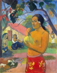 Tahití: mujer sosteniendo una fruta (¿Adónde vas? / Eu haere ia oe?), Paul Gauguin (1893)